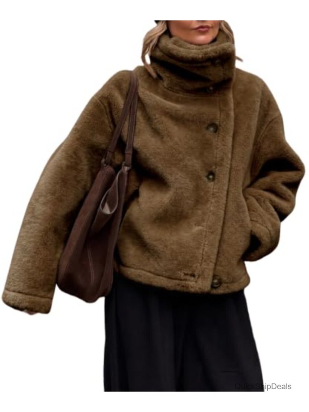 Tankaneo Oversized Sherpa Fleece Jacket Button Down Stand Collar Winter Coat